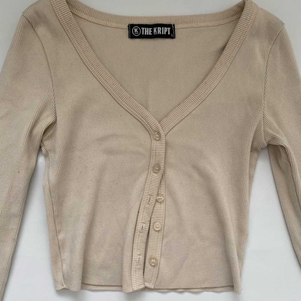The Kript Cream Ribbed Button-Up Top
